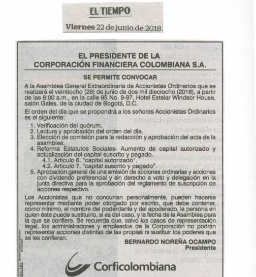 Corficolombiana convoca Asamblea para emitir acciones