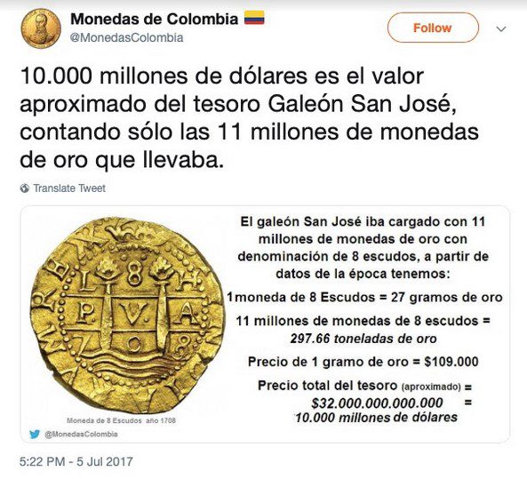 Hay acuerdo para excavar galeón San José que tendría US$17.000 millones en tesoros