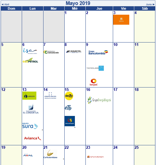 Actualización | Calendario de resultados Bolsa de Colombia para primer trimestre 2019 Actualización | Calendario de resultados Bolsa de Colombia para primer trimestre 2019
