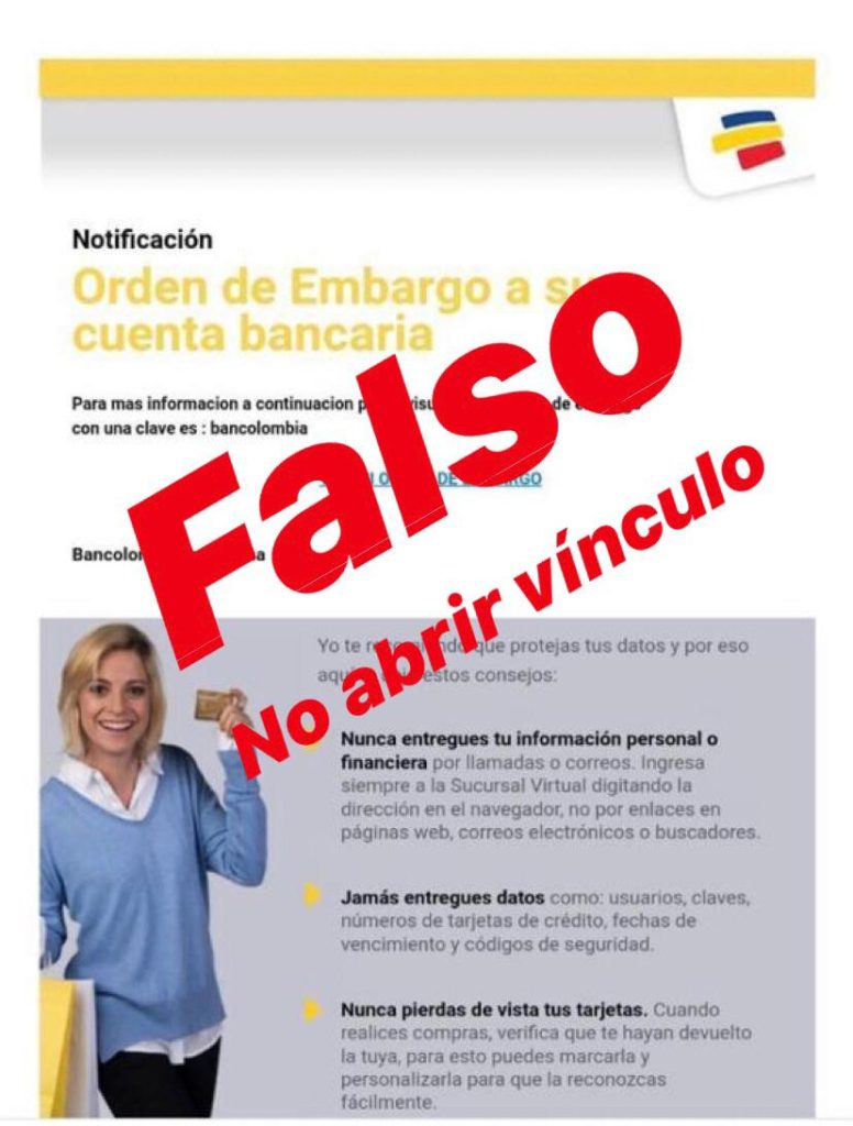 Bancolombia advierte que correos con ‘orden de embargo a su cuenta bancaria’ son falsos