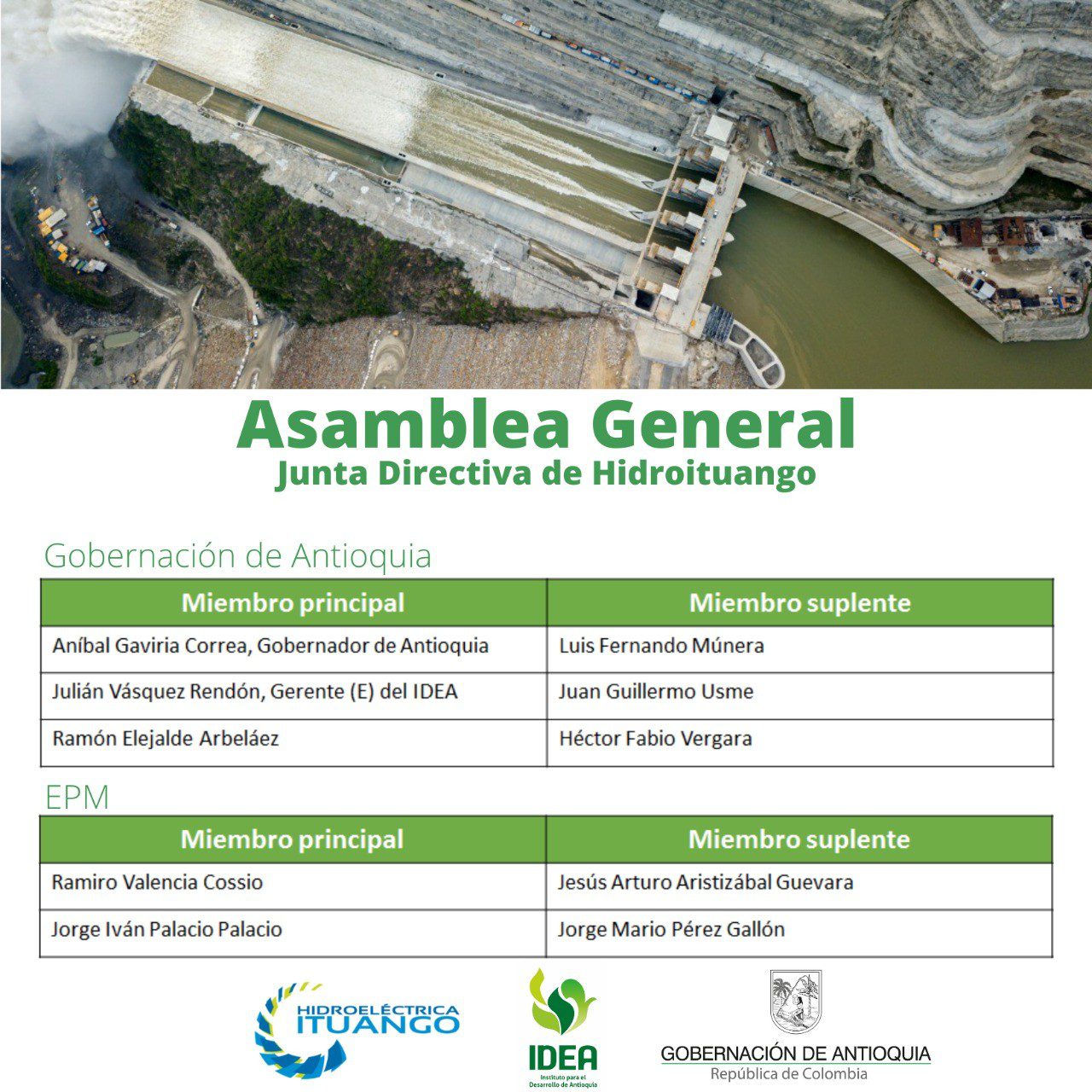 Asamblea extraordinaria de la Sociedad Hidroituango eligió nueva Junta Directiva; estos son sus miembros