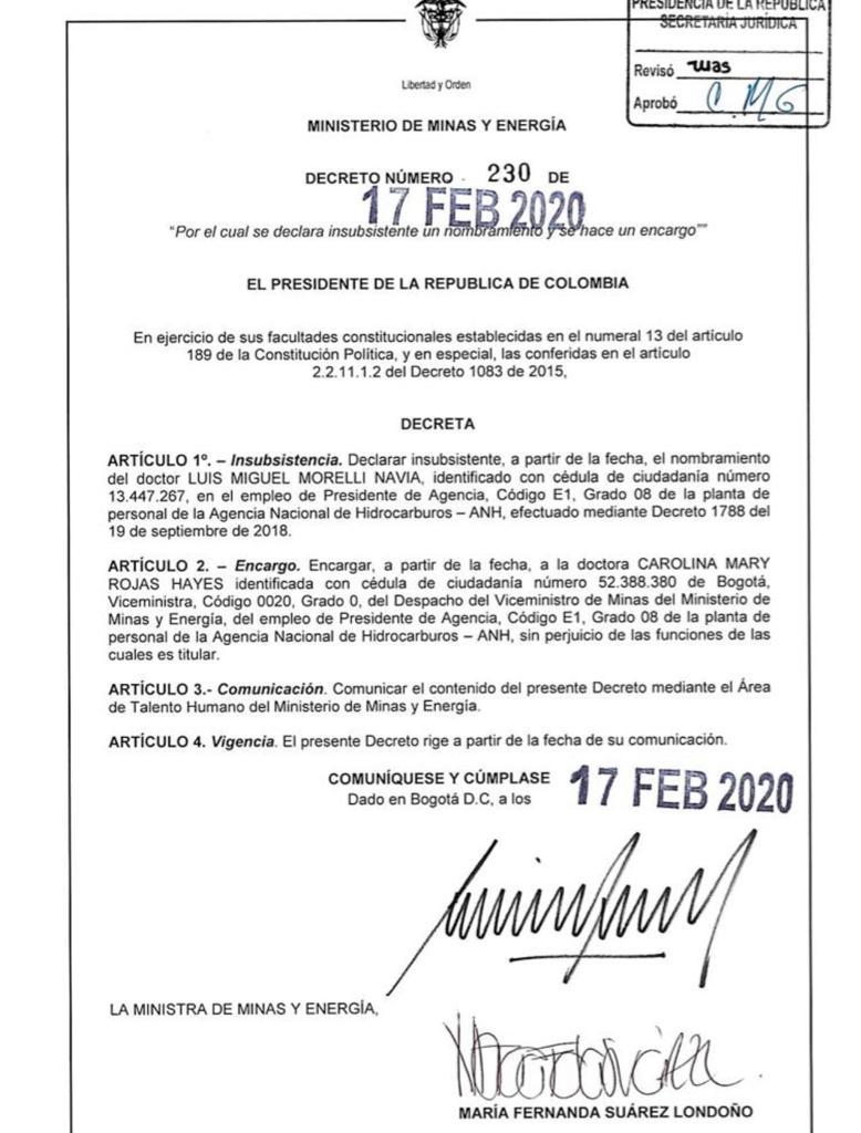 Luis Miguel Morelli deja Presidencia de la Agencia Nacional de Hidrocarburos de Colombia