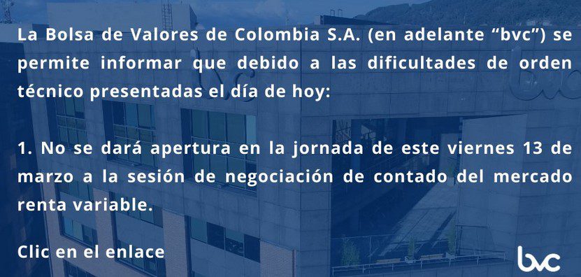 Bolsa de Colombia no operará acciones hoy; retomará el lunes en horario habitual