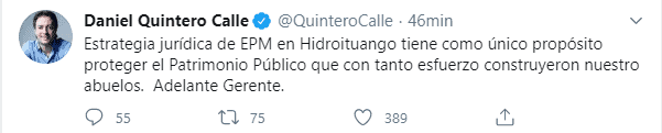 Renuncia toda la Junta Directiva de EPM tras tensiones por demanda de Hidroituango Tweet Daniel Quintero Alcalde de Medellin