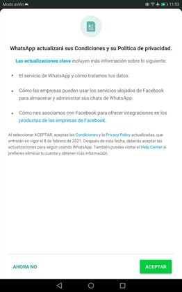 Información sobre actualización de términos de WhatsApp