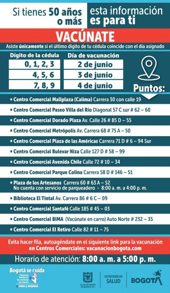 Desde hoy, 2 de junio, mayores de 50 años podrán vacunarse sin cita en Bogotá