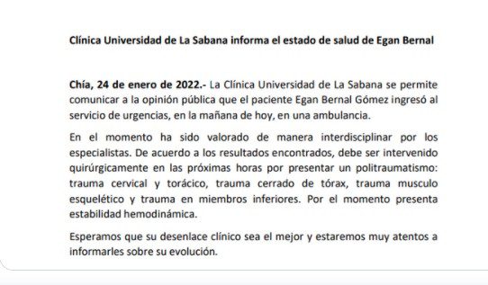 Ciclista Egan Bernal, sufre accidente en Colombia y se pierde la temporada