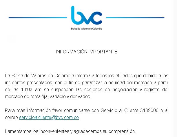 Bolsa de Colombia confirma falla en plataformas y toma decisiones Bolsa de Colombia confirma falla en plataformas y toma decisiones