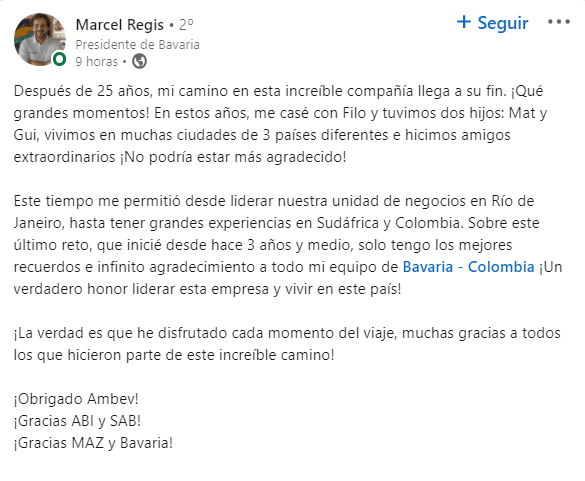Marcel Regis deja la Presidencia de Bavaria en Colombia