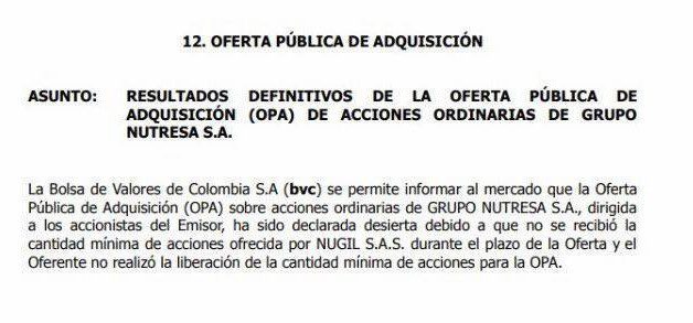 Tercera OPA por Nutresa finalizó: Gilinski no aceptó oferta y se declaró desierta