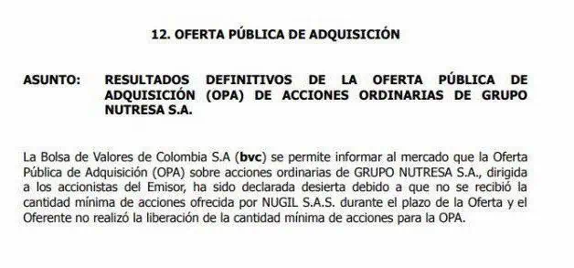 Tercera OPA por Nutresa finalizó: Gilinski no aceptó oferta y se declaró desierta Tercera OPA por Nutresa finalizó: Gilinski no aceptó oferta y se declaró desierta