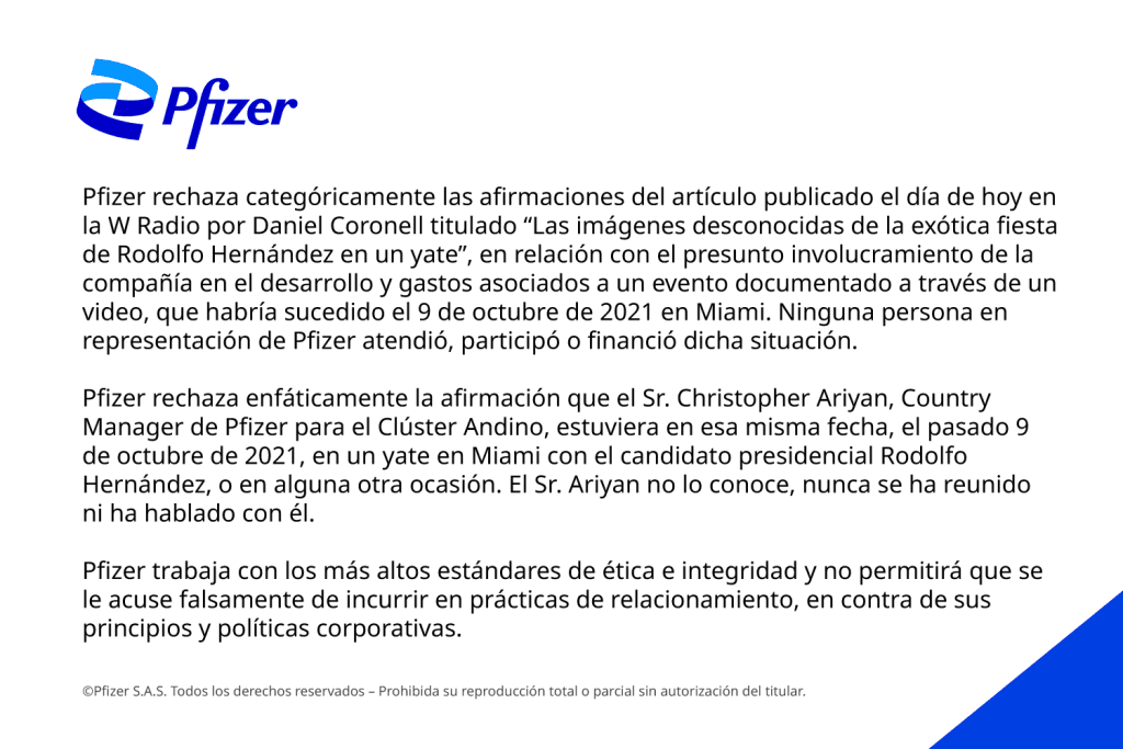 Pfizer niega reunión de directivos con candidato Rodolfo Hernández
