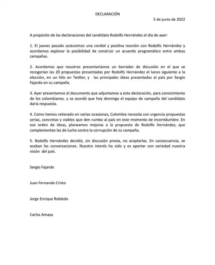 Elecciones presidenciales: alianza entre Hernández y Fajardo llegó a su fin Elecciones presidenciales: alianza entre Hernández y Fajardo llegó a su fin