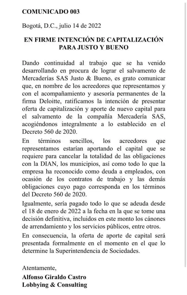 Inversionistas anuncian intención de capitalización para salvar a Justo & Bueno Inversionistas anuncian intención de capitalización para salvar a Justo & Bueno