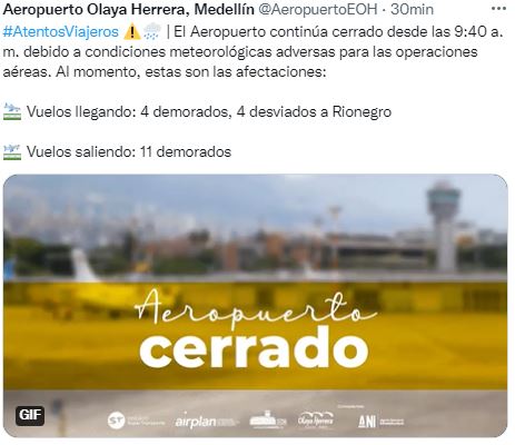 Ahora | Siguen suspendidas las operaciones aéreas en el Aeropuerto Olaya Herrera de Medellín