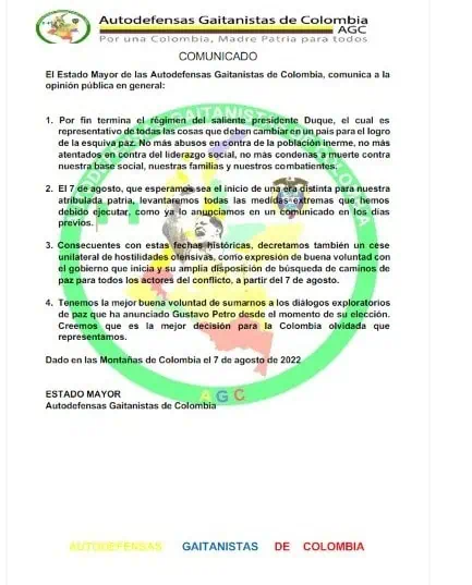 Este domingo 7 de agosto, el “Clan del Golfo” anuncia cese unilateral del fuego en Colombia Este domingo 7 de agosto, el “Clan del Golfo” anuncia cese unilateral del fuego en Colombia