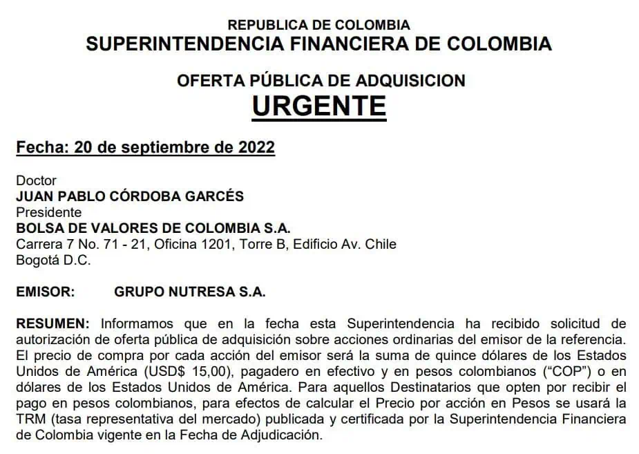 Ahora | Lanzan nueva OPA por hasta 31,25 % de Grupo Nutresa Ahora | Lanzan nueva OPA por hasta 31,25 % de Grupo Nutresa