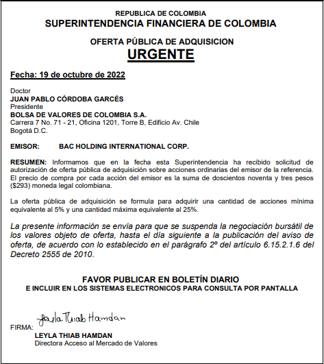 Nueva OPA por BHI en Colombia: se suspende acción a partir de este 19 de octubre Nueva OPA por BHI en Colombia: se suspende acción a partir de este 19 de octubre