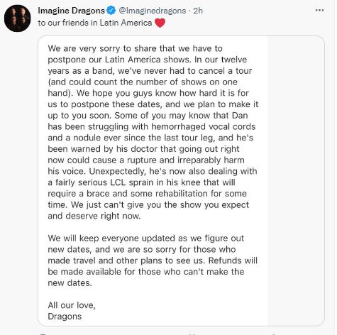 Imagine Dragons suspende su gira por Latinoamérica: conozca los motivos