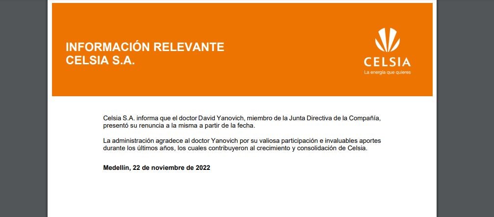 David Yanovich renunció a Junta Directiva de Celsia y se integra a la de Sura