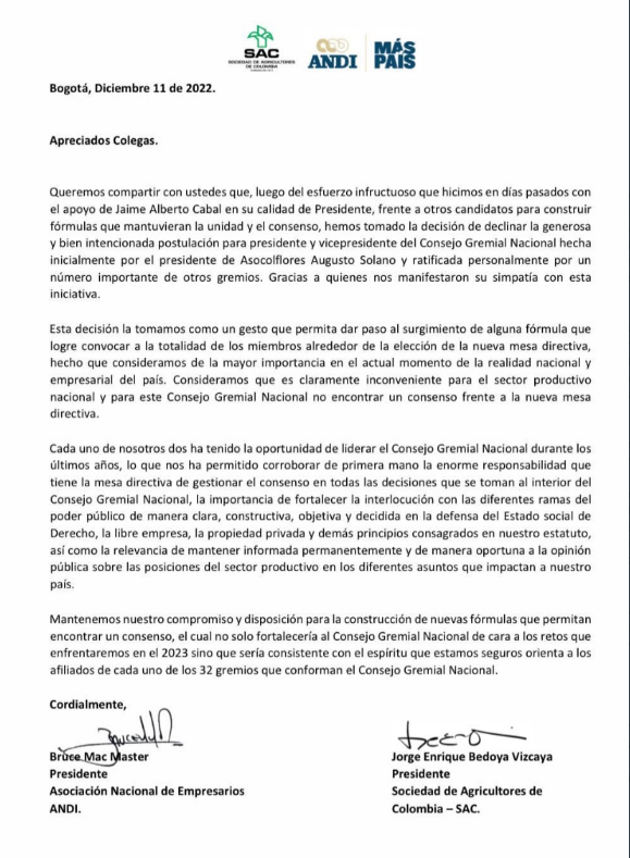 Bruce Mac Master y Jorge Bedoya declinan ser candidatos al Consejo Gremial de Colombia