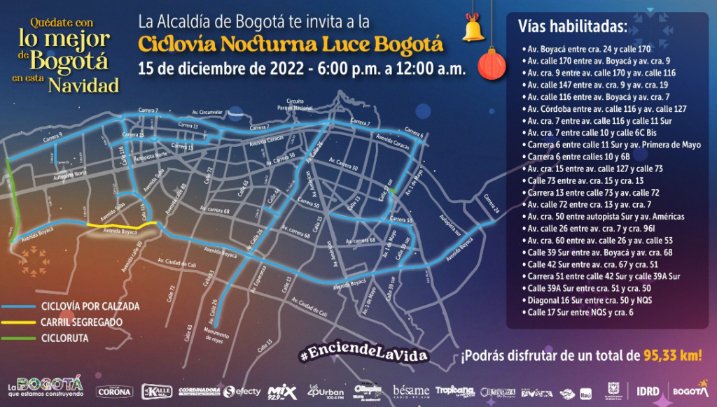 Ciclovía nocturna Bogotá: así será la jornada de este 15 de diciembre