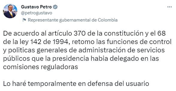 Colombia | Petro anuncia que asumirá funciones de comisiones reguladoras de servicios públicos