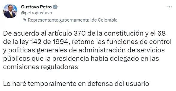 Colombia | Petro anuncia que asumirá funciones de comisiones reguladoras de servicios públicos Colombia | Petro anuncia que asumirá funciones de comisiones reguladoras de servicios públicos