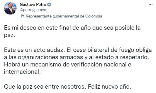 Tweet de Gustavo Petro sobre inicio de año 2023