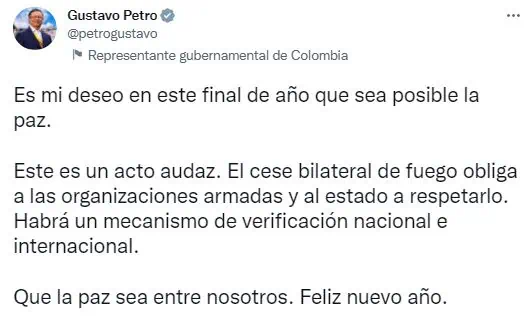 Petro anuncia cese al fuego bilateral con organizaciones armadas ilegales en Colombia Tweet de Gustavo Petro sobre inicio de año 2023