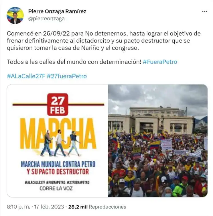 Oposición de gobierno Petro convoca a nueva marcha el 27 de febrero Oposición de gobierno Petro convoca a nueva marcha el 27 de febrero