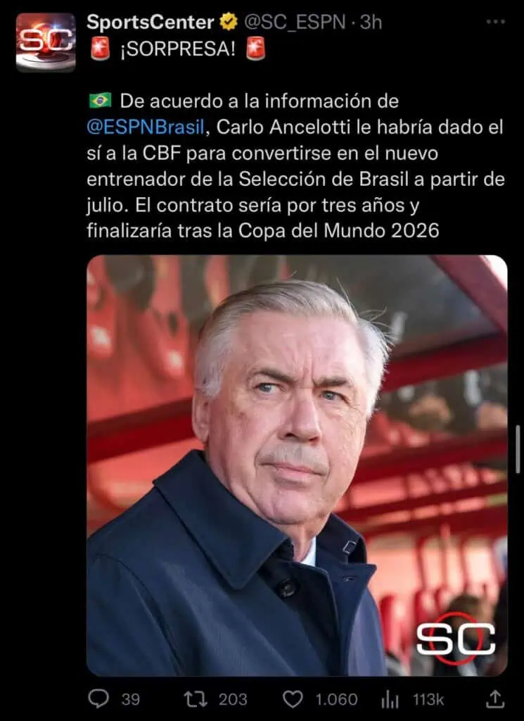 Carlo Ancelotti sería el nuevo DT de la Selección de Fútbol de Brasil Carlo Ancelotti sería el nuevo DT de la Selección de Fútbol de Brasil