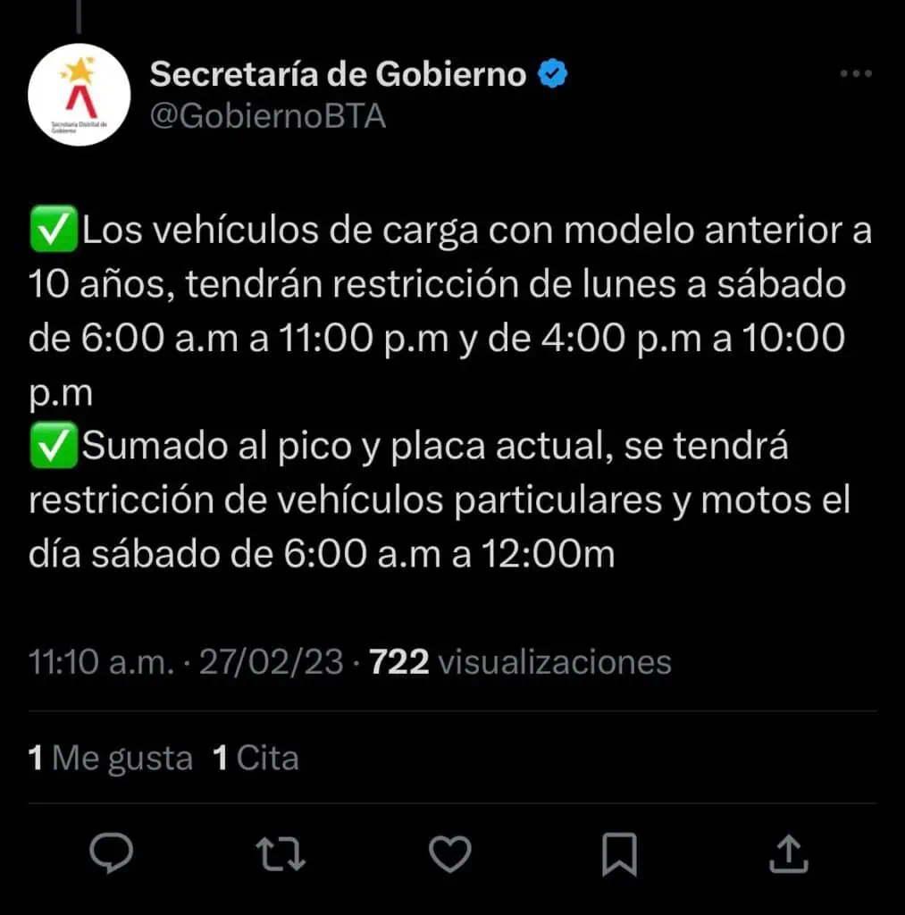 Reversa en pico y placa para motos y particulares el sábado 4 de marzo en Bogotá Trino de pico y placa para motos y particulares el 4 de marzo