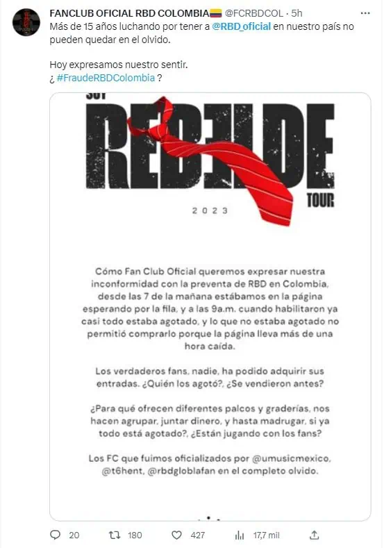 Problemas por venta de boletas para concierto RBD en Colombia: precios y disponibilidad Problemas por venta de boletas para concierto RBD en Colombia: precios y disponibilidad