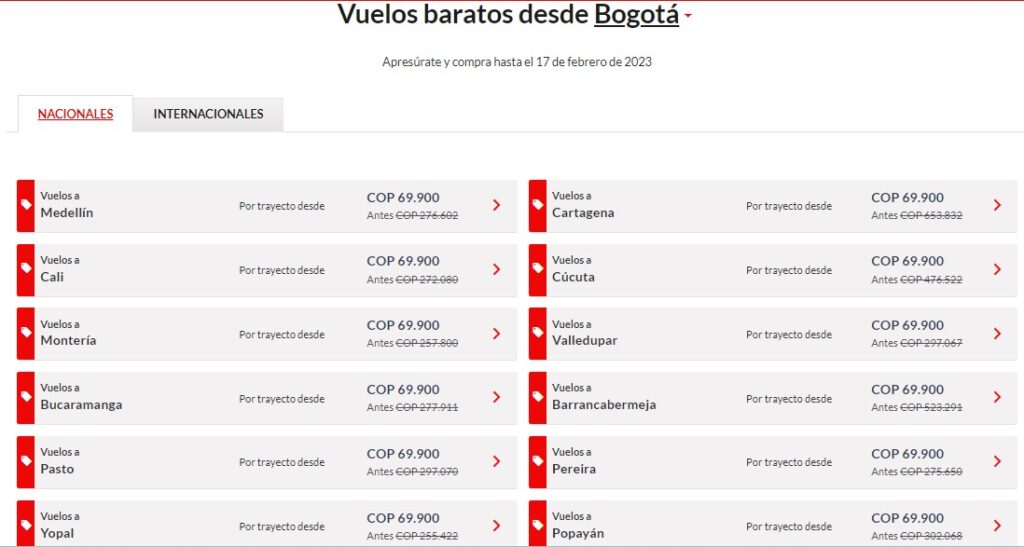 Vuelos nacionales de Avianca