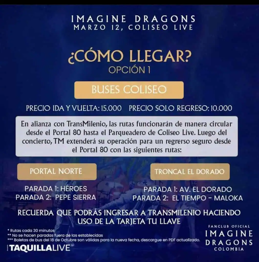 Imagine Dragons en Bogotá: estas son las rutas para movilizarse al Coliseo Live Imagine Dragons en Bogotá: estas son las rutas para movilizarse al Coliseo Live