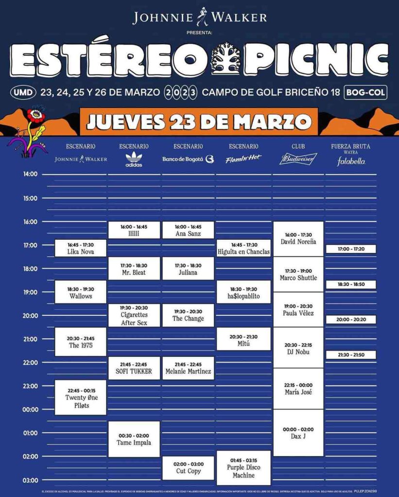 Esta es la programación por horas del primer día del Festival Estéreo Picnic 2023. Imagen tomada de Instagram @festereopicnic