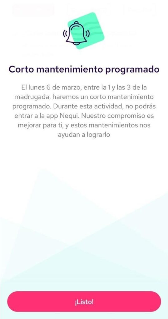 Nequi hará mantenimiento en la madrugada del 6 de marzo de 2023. Imagen tomada de la app.