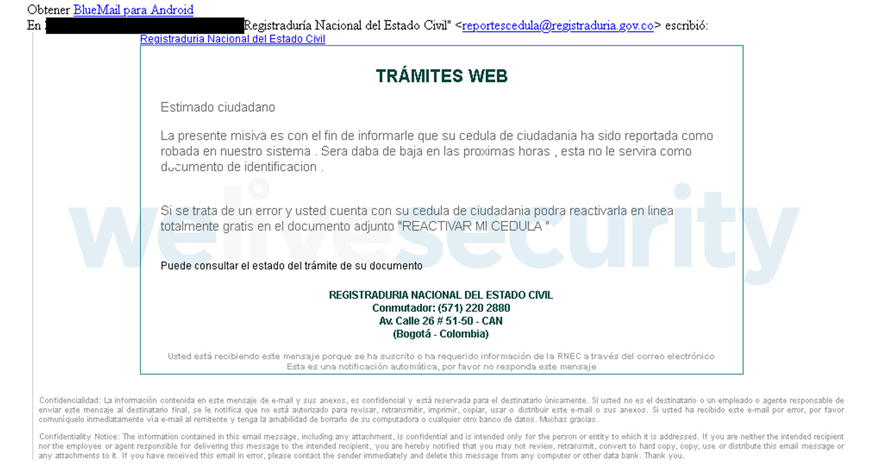 Correo de phishing suplantando la identidad del organismo público.