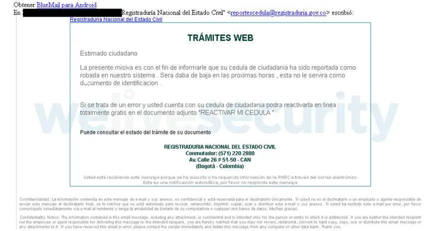 Falso correo de la Registraduría Nacional de Colombia es utilizado para distribuir malware Correo de phishing suplantando la identidad del organismo público.