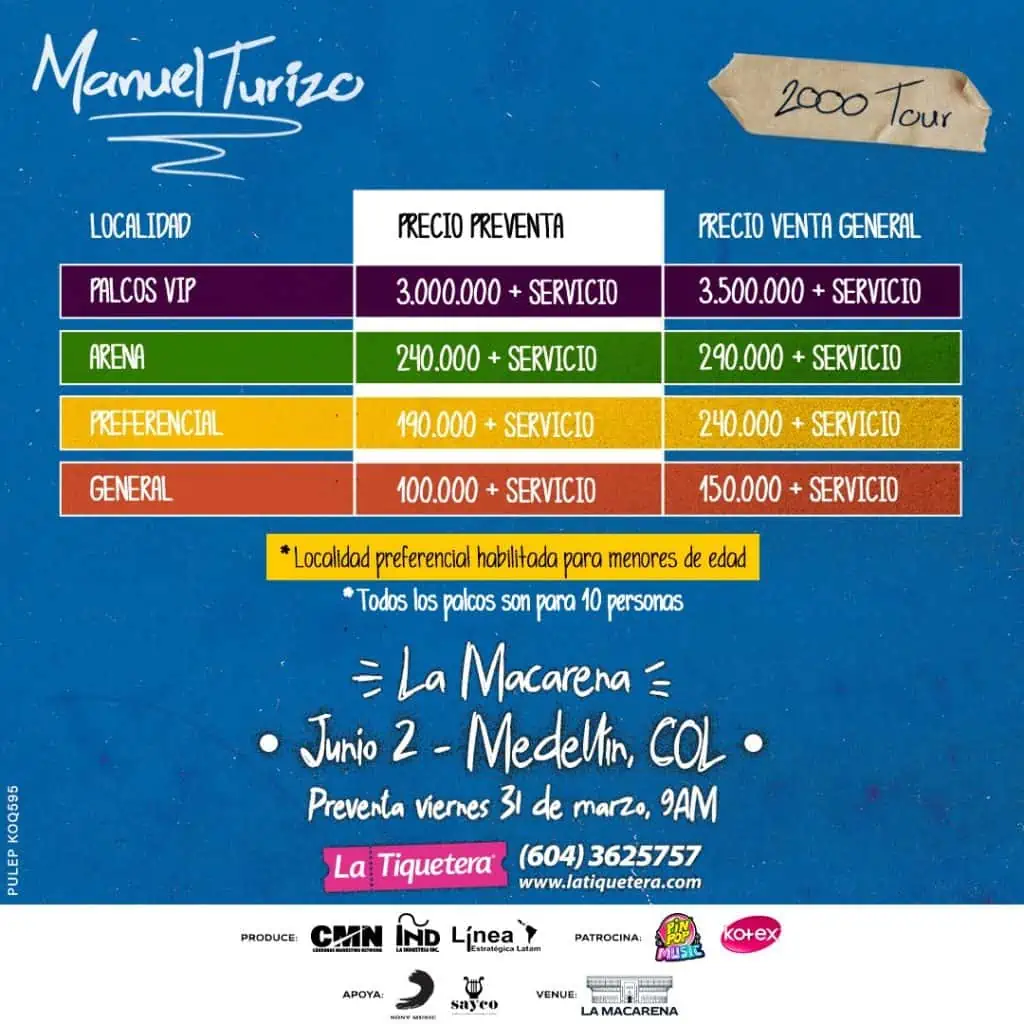 El esperado ‘2000 TOUR’ de Manuel Turizo llega a Medellín Boletas y localidades Manuel Turizo -2
