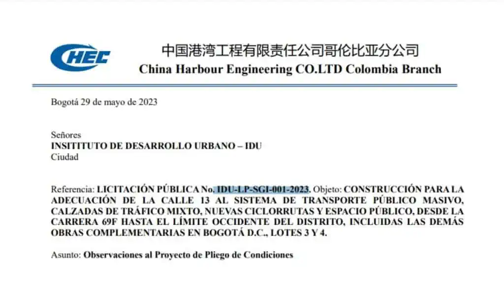 Contratista del metro de Bogotá estaría interesado en otra megaobra de $1,3 billones Carta de la firma CHEC sobre el proyecto Calle 13 en Bogotá