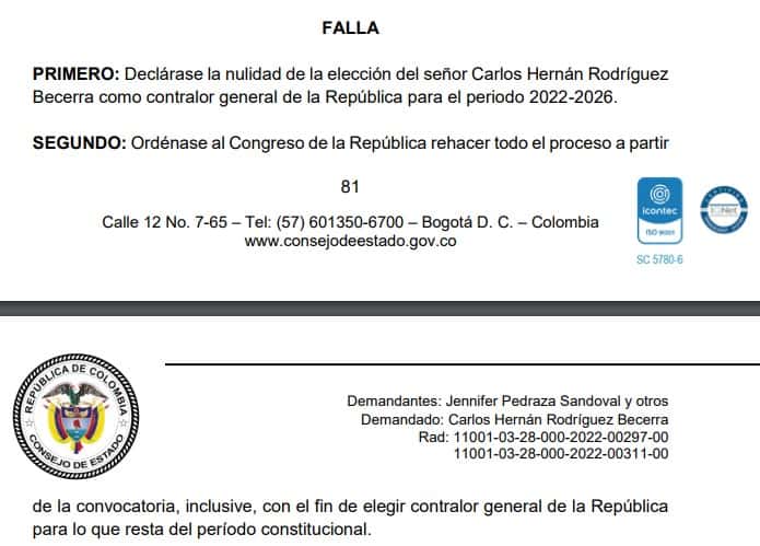 Decisión del Consejo de Estado en la que tumba la elección del contralor