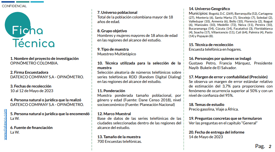 Encuesta: Petro recupera favorabilidad; imagen negativa baja de 61 % a 58 % Ficha técnica - Datexco mayo.