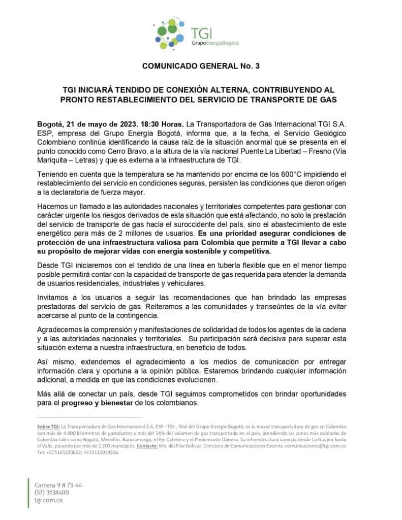 Restricción del gas natural en Colombia - comunicado de TGI