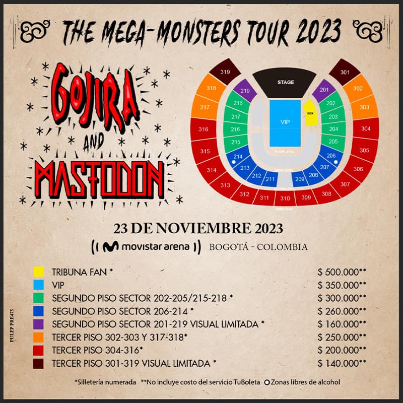 Precios de Gojira y Mastodon en Bogotá, según localidad.