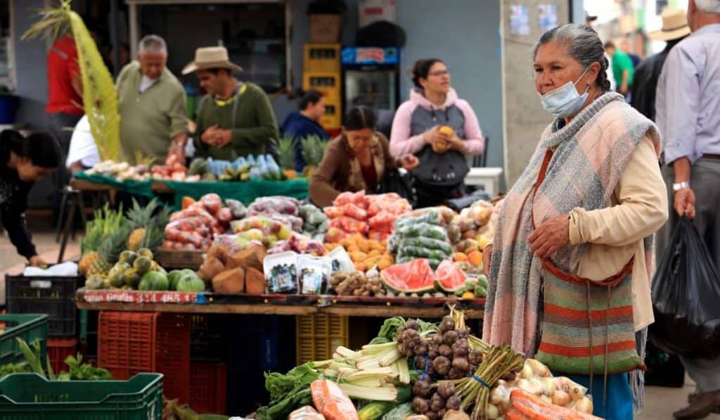 Mujer hace compras en una plaza de mercado de Colombia