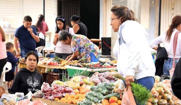 Mujer hace compras de alimentos en una plaza de mercado de Colombia