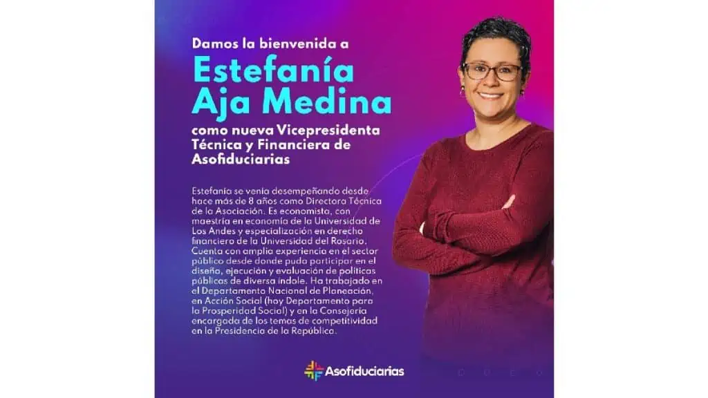 Cambios en Asofiduciarias: nueva vicepresidenta Técnica y Financiera Imagen de Estefanía Aja, nueva vicepresidenta técnica y financiera de Asofiduciarias