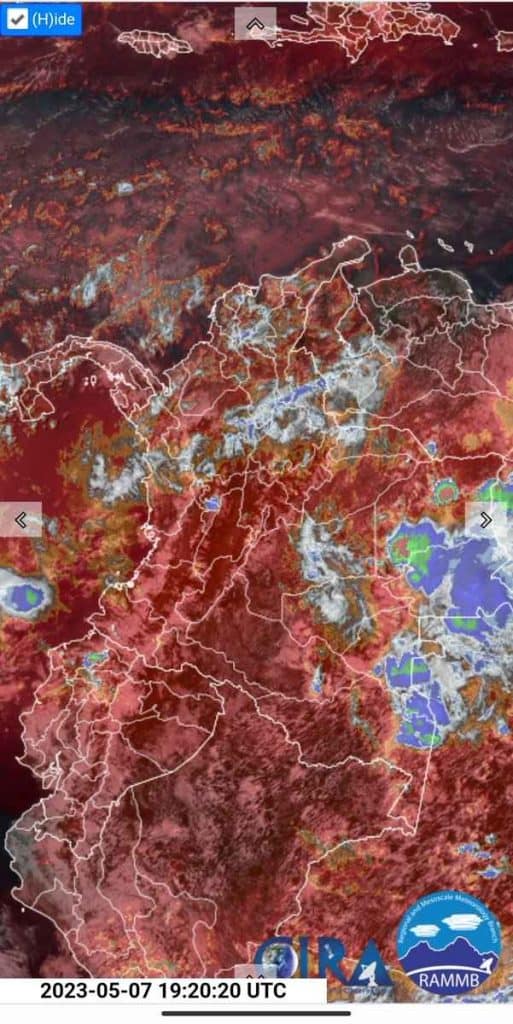 “Imagen de satélite del goes 16 (vapor de agua). Los colores entre naranja y rojo señalan una baja humedad del aire. Es decir que hay una persistencia de esta condición en buena parte del país lo que favorece el aumento de temperaturas”. Tomada de @ChristianEuska, en Twitter